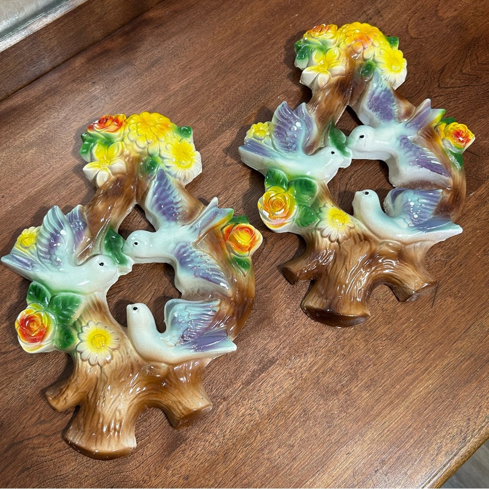 🟢 3/$25 🟢 Vintage Chalkware Blue Birds - Flowers - Branches - Set of 2